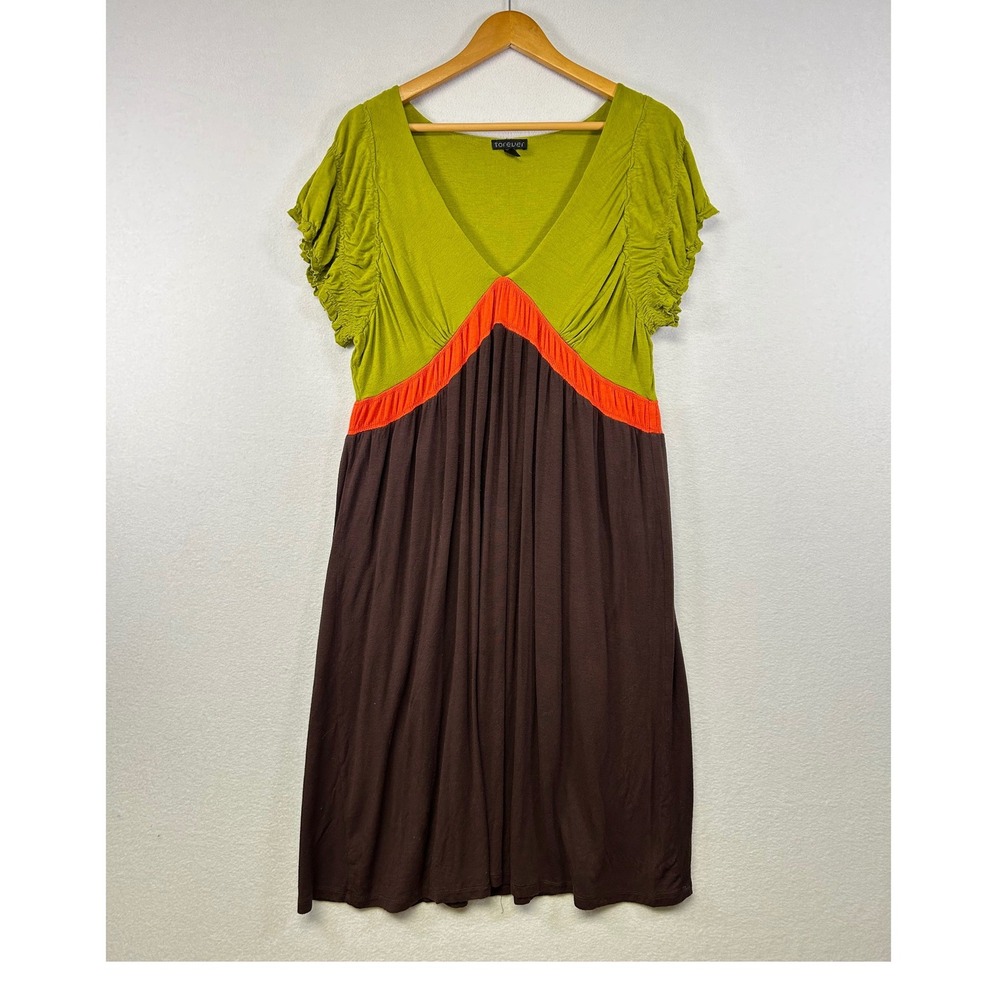Y2K Women's Olive Green Orange Brown Colorblock V Neck Short Sleeve Dress Size L